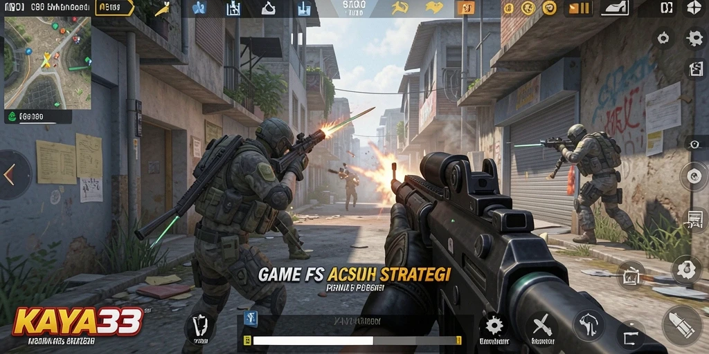 Screenshot gameplay KAYA33 dengan aksi FPS yang mendebarkan.