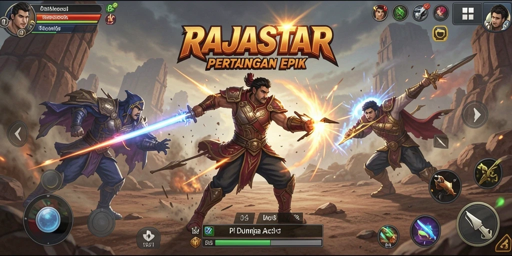 Screenshot utama RAJASTAR menampilkan pertarungan seru di dalam game.